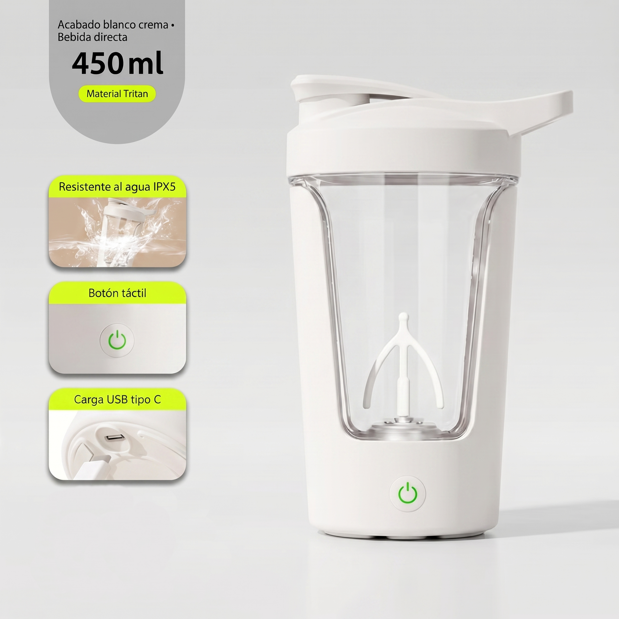Shaker Eléctrico Portátil 450 ml con Carga USB-C