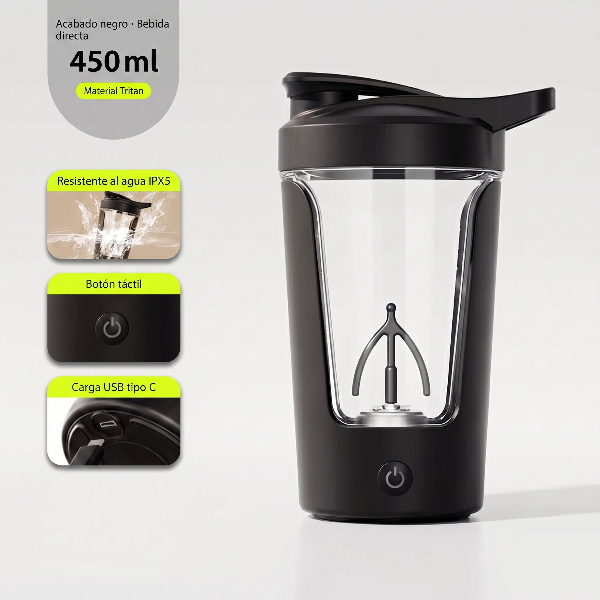 Shaker Eléctrico Portátil 450 ml con Carga USB-C
